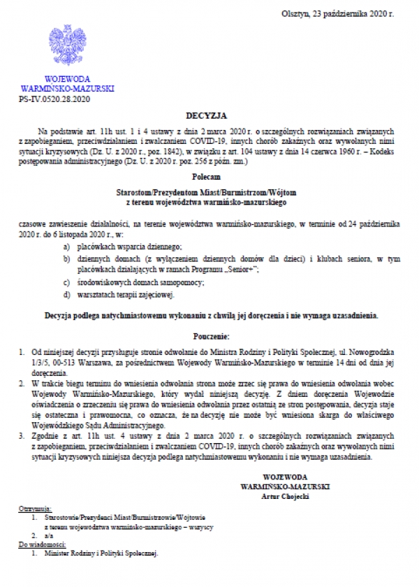 Decyzja Wojewody Warmińsko-Mazurskiego w sprawie czasowego zawieszenia działalności WTZ