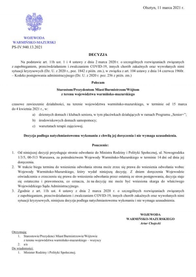 Decyzja Wojewody Warmińsko-Mazurskiego z dnia 11 marca 2021 r.
