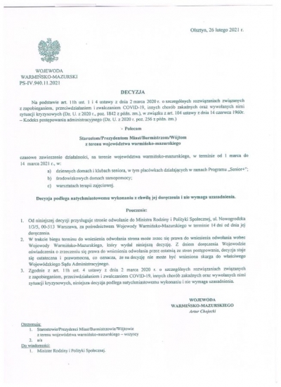 Decyzja Wojewody Warmińsko-Mazurskiego z dnia 26.02.2021 r.