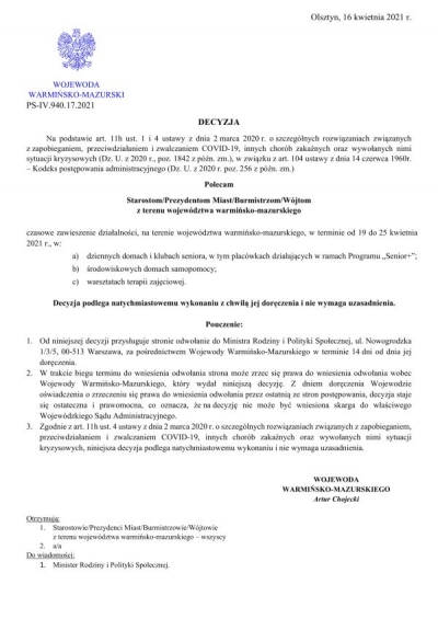 Decyzja Wojewody Warmińsko-Mazurskiego z dnia 16 kwietnia 2021 r.